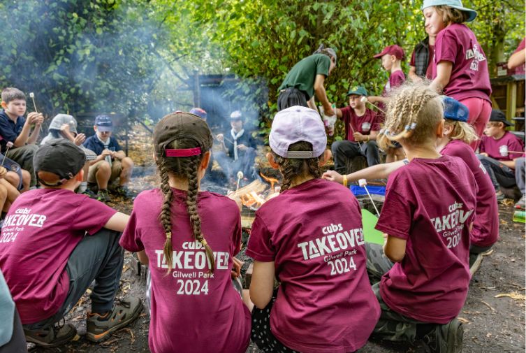 Cubs group round a campfire